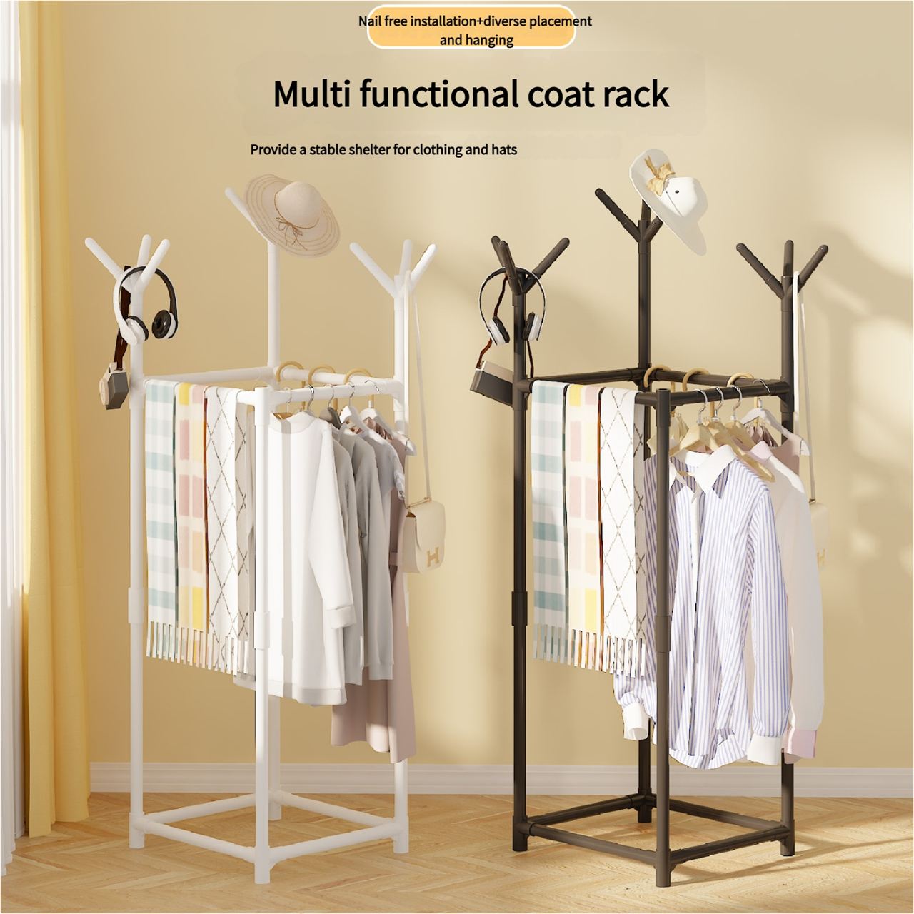 Multifunctional Clothes Rack Wardrobe - For storing indoor clothes, hats, bags and umbrellas Floor-standing coat rack Bathroom towel rack Independent wardrobe