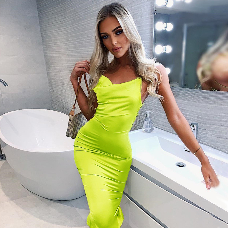 D8C0627 Women's Satin Sleeveless Spaghetti Strap Midi Dress Cowl Neck Cocktail Party Dresses