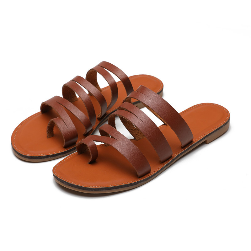 PL0018 Women's Natural Leather Comfortable Strap Flat Sandals Beach Shoes
