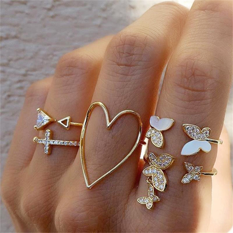 55338 Bohemian Geometric Rings Sets Crystal Star Moon Flower Butterfly Constellation Knuckle Finger Ring Set For Women Fashion Jewelry
