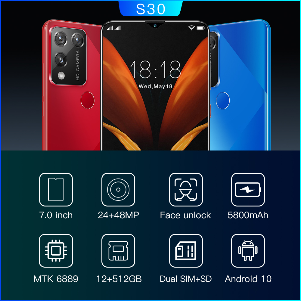 S30 Smartphone 7.0Inch Full screen 12GB RAM+512GB ROM Dual Sim Dual Standby Face Recognition Mobile Phone