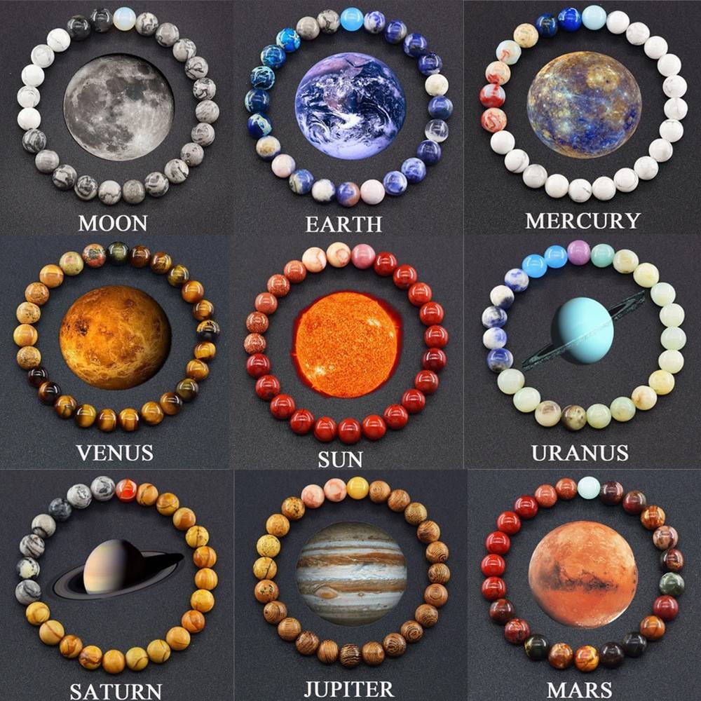 Universe Planet Theme Natural Gemstone Beaded Bracelet, Handcrafted Polished Round Stone Wrist Jewelry With Multiple Solar System Planet Style Options, 18cm Comfortable Wear Length, Minimalist Casual Unisex Daily Accessory, Durable Stylish Versatile Bangle For Daily Outfit Fashion Matching With Rich Cosmic Element Design