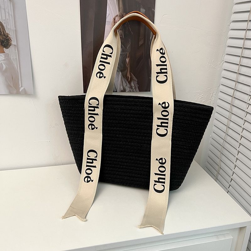 Straw Bag Bag Women's Large Capacity Resort Beach Bag Woven Vegetable Basket Commuter Tote Bucket Bagblack