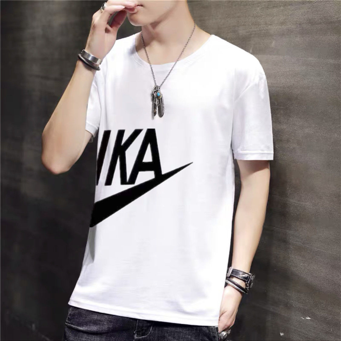 Short Sleeve T-shirt Men's Summer Trend Round Neck Slim Simple Printed Casual Top