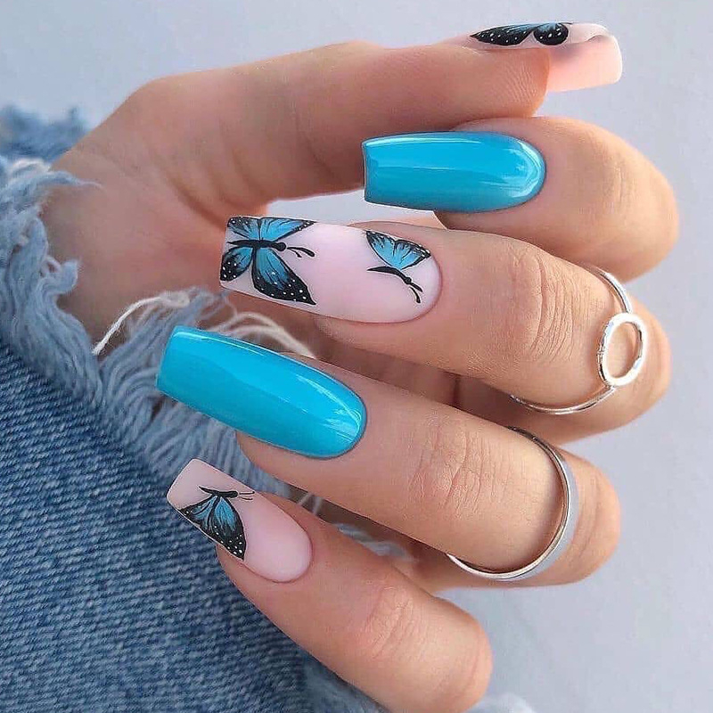 JP1430 24 Pcs Matte and Glossy Press on Nails, Medium Coffin Butterfly Prints Fake Nails, Acrylics Full Cover False Nails for Women and Girls