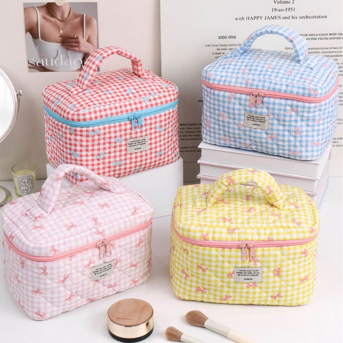 New Plaid Bow Large Capacity Cosmetic Bag, High-Value Portable Travel Toiletry Bag for Daily Necessities Storage
