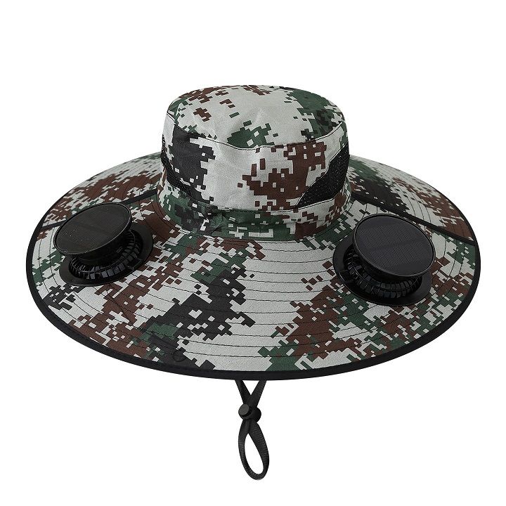 Men's Solar Powered Dual Fan Cooling Sun Hat, Wide Brim UV Protection Camouflage Bucket Hat, Rechargeable Breathable Outdoor Fishing Hiking Gardening Hat