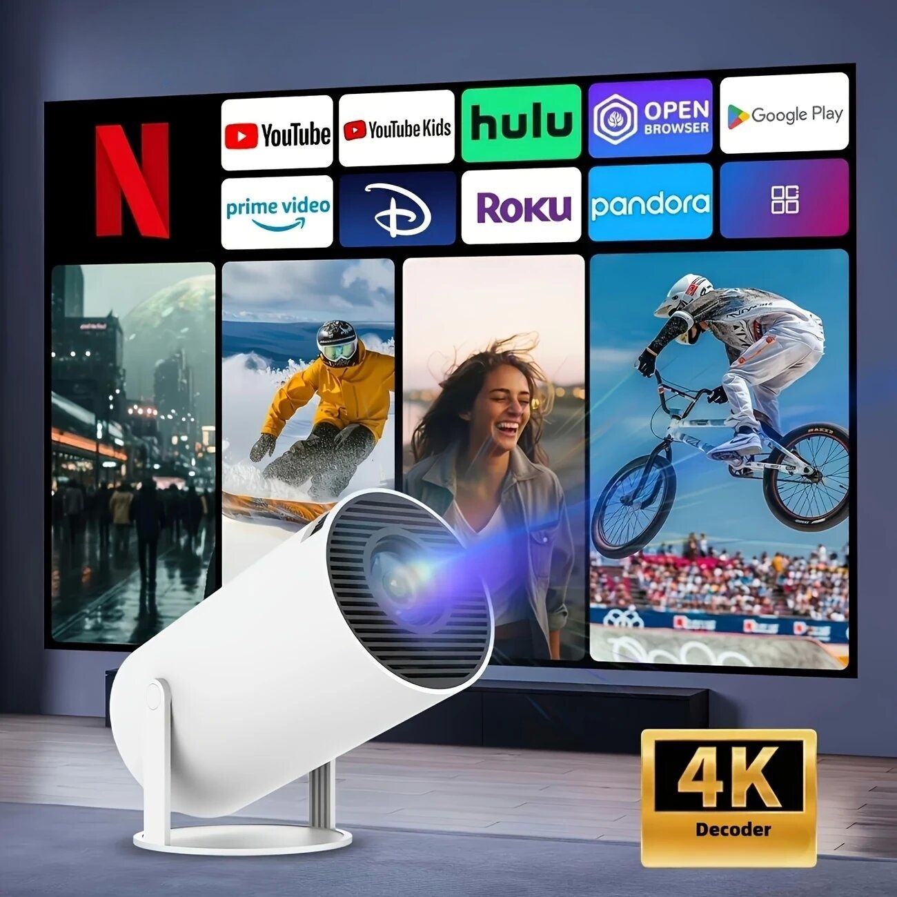 mart Mini Projector,Projector 4k with WiFi and Built-in App,Auto Focus & Keystone, DoIby Audio, Zoom, Native 720P Movie, Portable Outdoor Mini Projector, White