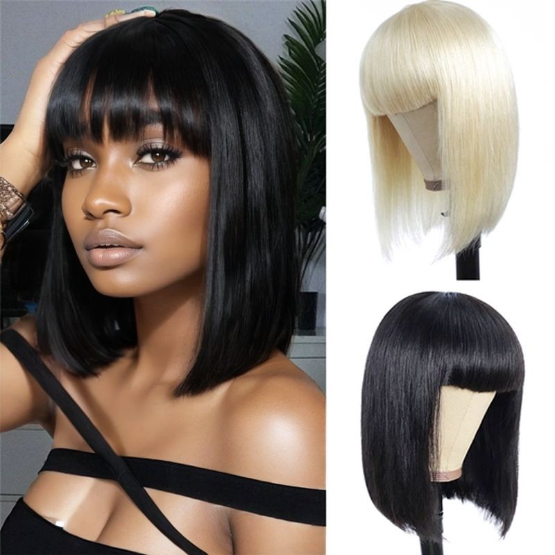 12 inches Wigs Short straight hair with straight bangs, Bobo head mechanism, synthetic fiber head cover CRRSHOP black light gold wig beauty care women hair dressing women's wigs