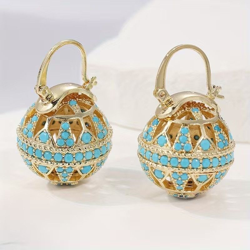 Luxury Heavy Craft Hollow Round Ball Hoop Earrings Gold Silver Plated Inlaid Turquoise Multicolor Rhinestone Vintage Palace Style Dangle Earring Elegant Retro Light Luxury Women Ear Jewelry Ideal Wedding Banquet Holiday Birthday Gift Accessory For Female Daily Evening Party Stylish Ear Ornament
