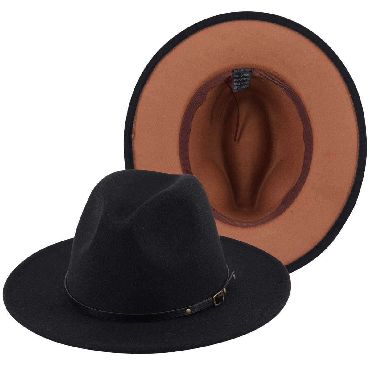 MNDJS015 Womens Classic Wide Brim Floppy Panama Hat Belt Buckle Wool Fedora Hat