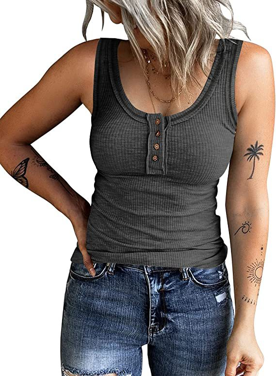 3722（3713D) Women's Vest Solid Color V-Neck Sleeveless T-Shirt with Button