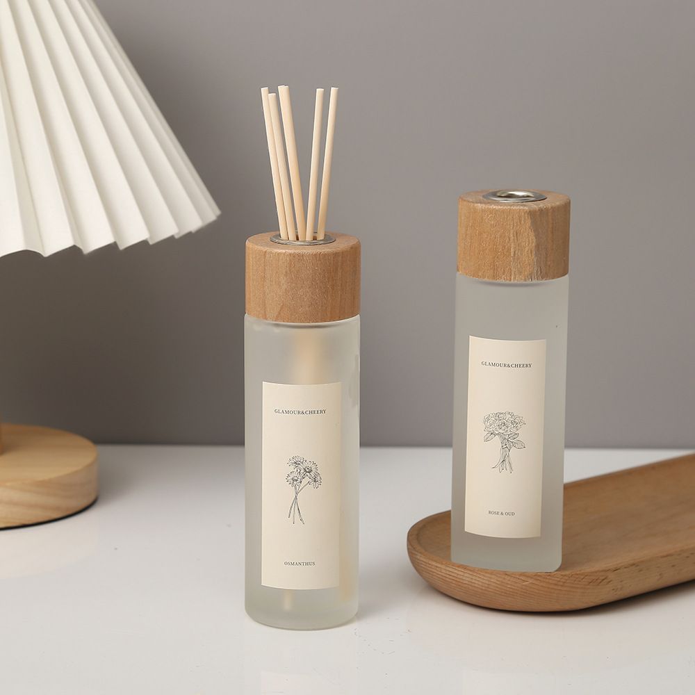 0415-3 Frosted Fragrance Aromatherapy Reed Diffusion Glass Bottle With Wooden Lid
