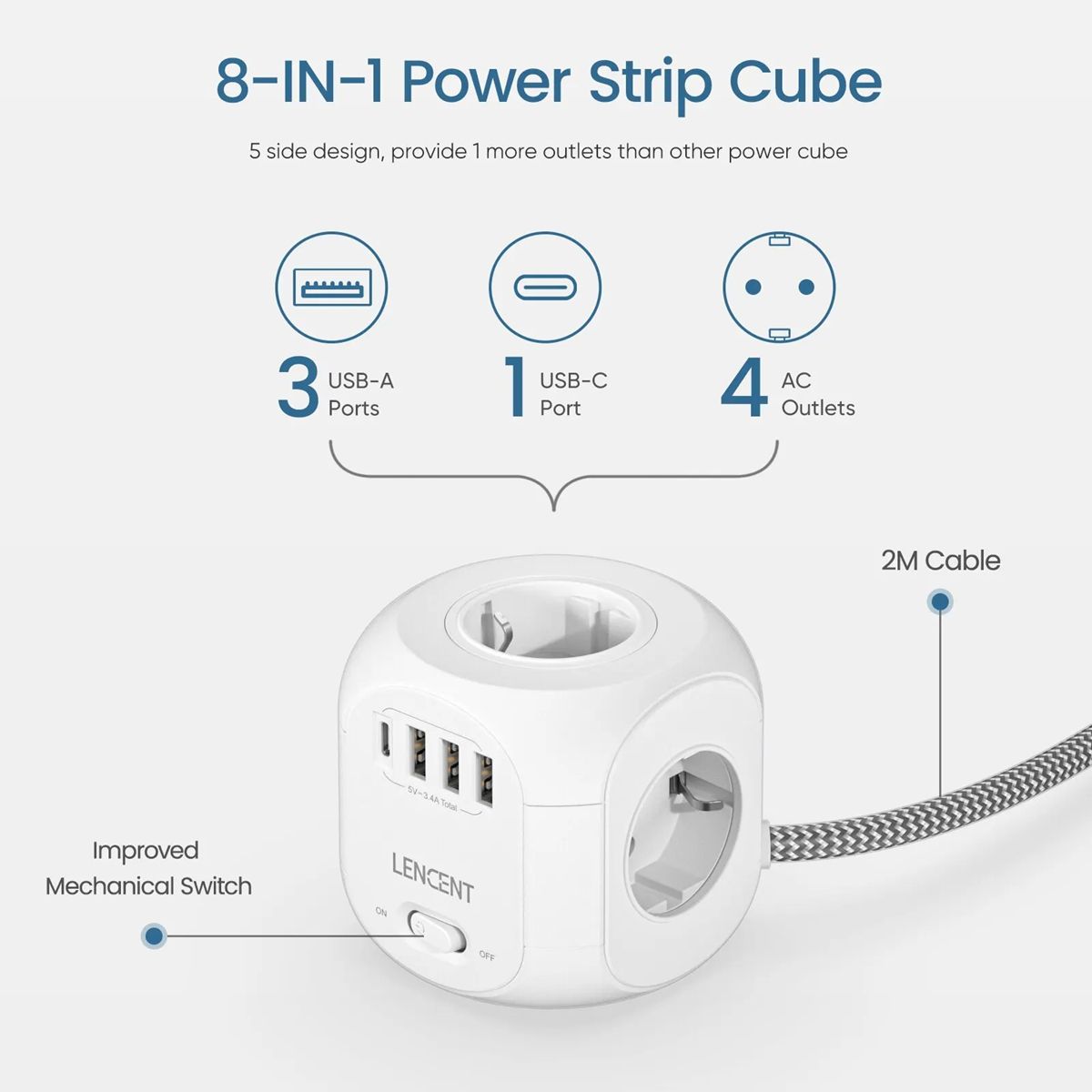 EU Plug Power Strip with 4 AC Outlets 3 USB Port 1 Type C 2M/3M Braided Cable Multi Socket with Switch for Home