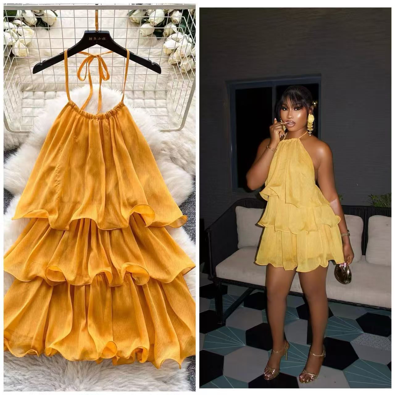 2026 Summer Women French Romantic Mini Dress, Halter Neck Sleeveless Cami Dress, Layered Cake Skirt with Ruffle Patchwork, Elegant A-line Flowy Short Dress for Beach Vacation Dating Casual Party