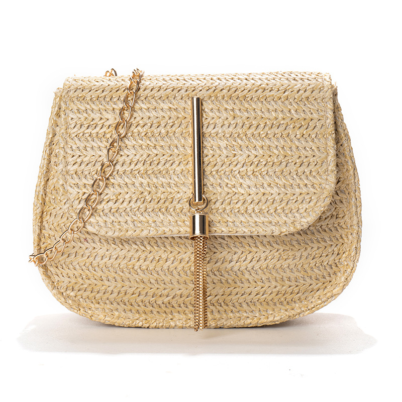 #1429 women's grass hand-woven cross-body bag bohemian girl shoulder bag tassel chain semi-round bag