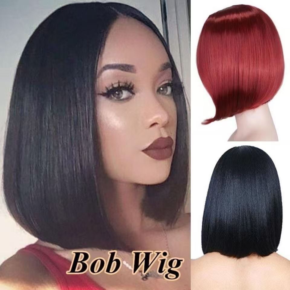 Wig European and American fashion ladies black short straight hair middle parted Bobo bob wig synthetic hair wigWine red