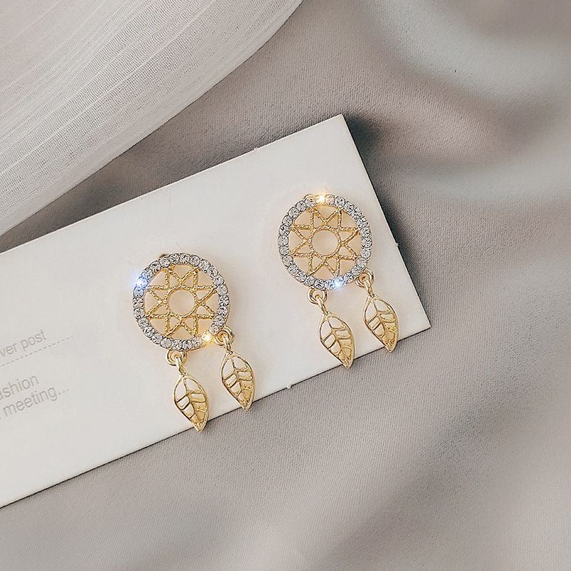 M332 Fancy Women Earrings Vintage Crystal Rhinestone Diamond Ear Jewelry Hollow Leaf Stud Earring