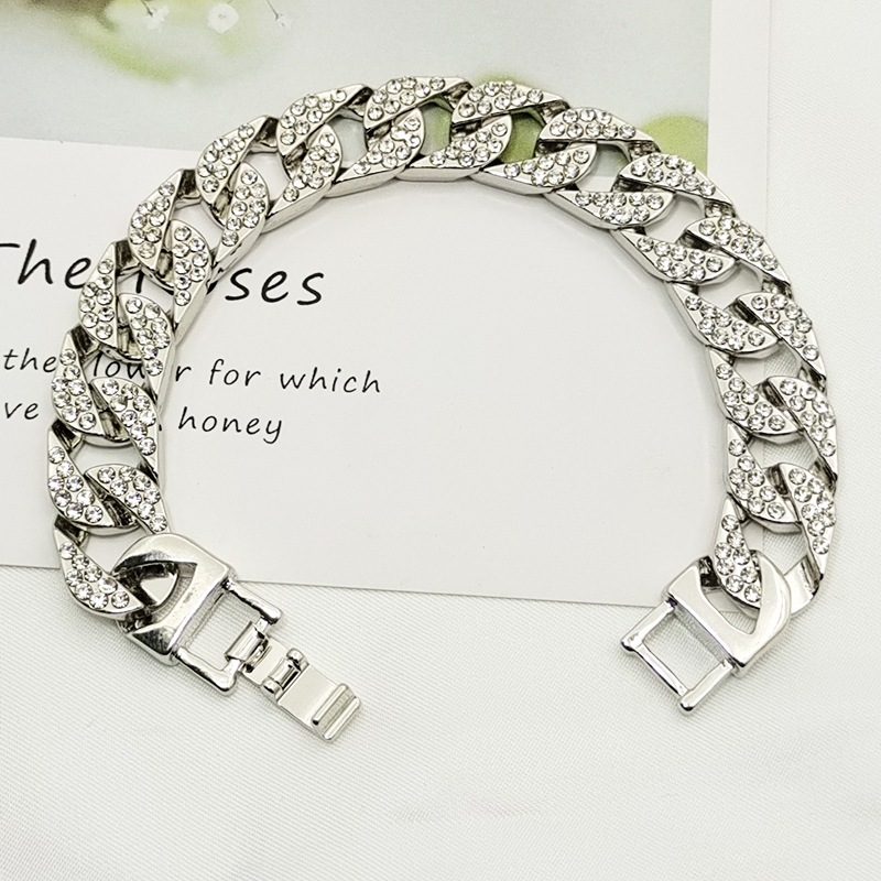 A031 12mm Bold Cuban Chain Bracelets for Men,Full Iced Out Rhinestones Links, Bling Crystal Curb Chain Punk Hiphop Bracelet
