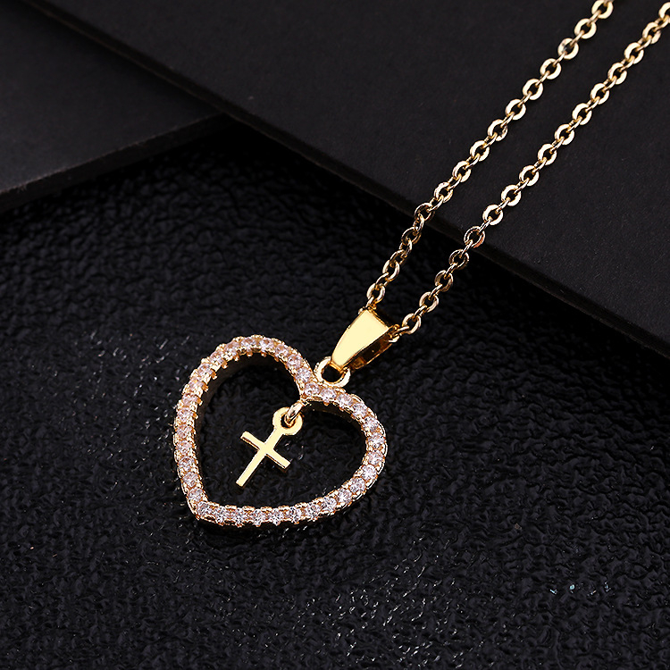 Necklace male female couples jewelry Europe and America fashion New Jewelry love Micro inlaid colored zircon geometry cross Pendant Heart shaped necklace CRRSHOP men women Colorful gold necklace lovers 