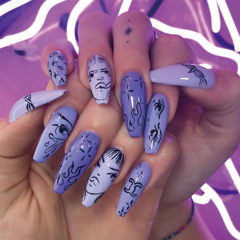 JP1296 24 Pcs Glossy Press on Nails, Medium Coffin Anime Hand-Drawn Sketches Fake Nails, Acrylics Full Cover False Nails for Women and Girls
