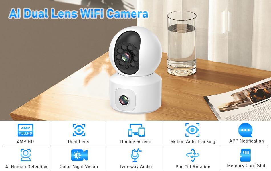 Indoor Pan/Tilt Smart Security Camera, 1080p HD Dog-Camera,2.4GHz with Night Vision,Motion Detection for Baby and Pet Monitor, Cloud & SD Card Storage, Works with Alexa& Google Home (EC70), White