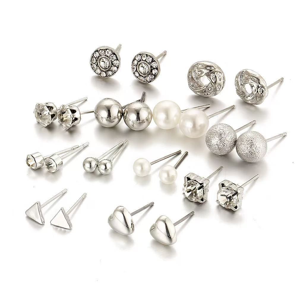 Fashion Earrings Set 12 Pairs Zircon Crystal Heart Triangle Earrings Jewelry Gold SilverSilver