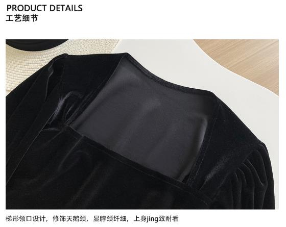 Black Long-Sleeved Golden Velvet Square Neck Shirt Light Mature Design Feel Puff Sleeve Exposed