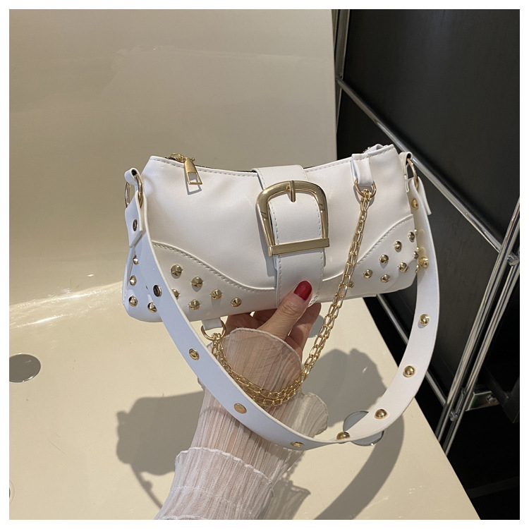 2024 New Rivet Fashion Chain Shoulder Bag Ladies Leisure Work Bag Monochrome Crossbody BagWhite