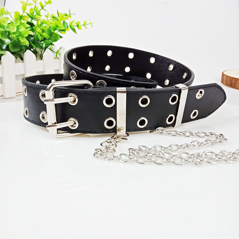 Women's casual jeans belt CRRshop free shipping best sell Double row needle buckle belt for men, popular punk trend waist chain in Europe and America, universal double row hole retro wide belt for men and women black orange red belt