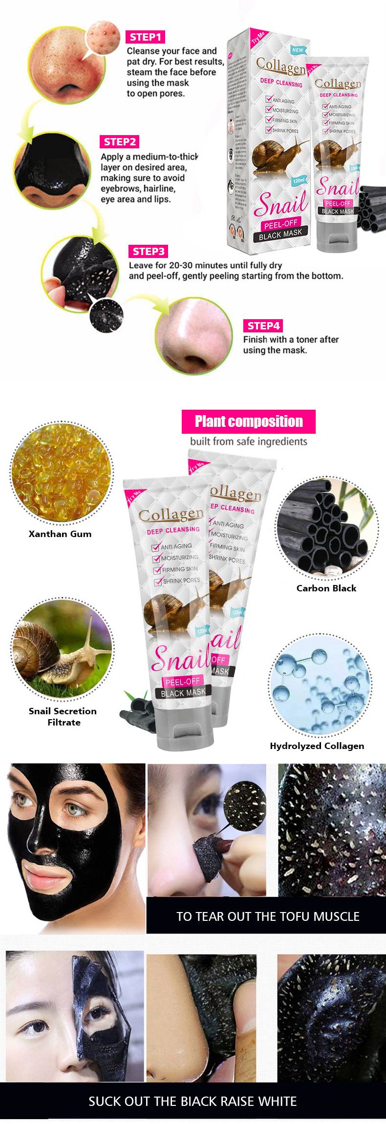 Snail Collagen Peel-off Mask Black Mask Nose Mask Facial Cleaning Moisturizing and Tearing Mask Skin Care Oil Control 120ml