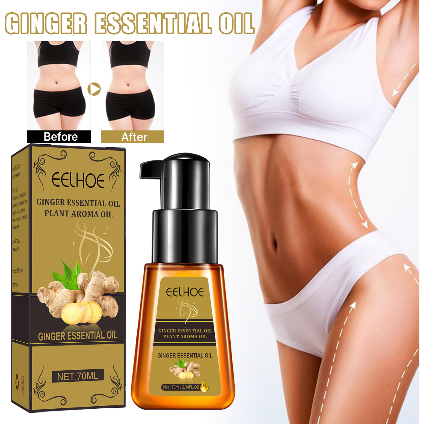 Ginger Massage Oil, 70ml Ginger Slimming Oil Firm Skin Improve Circulation Natural Slimming Essential Oil for Shaping Weight Loss Making The Skin Firm And Elastic
