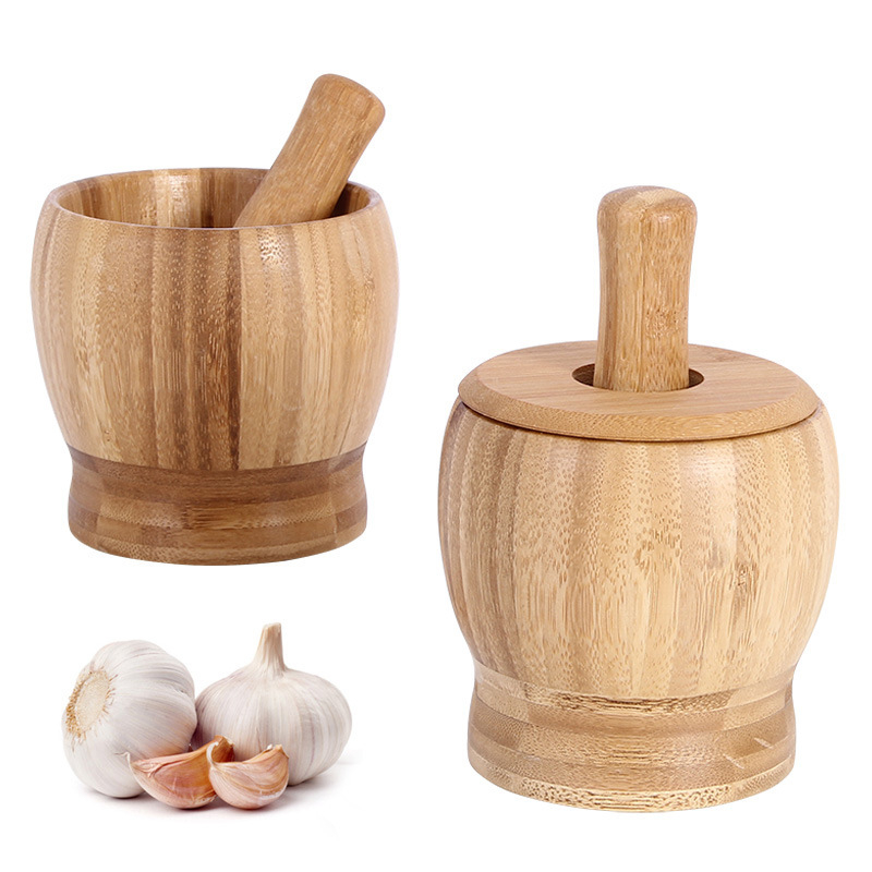 Bamboo Mortar and Pestle, Garlic Press Ginger Crusher Spices Grinding Set Garlic Mincer Herb Spice Masher Grinder Chopper Kitchen Tool