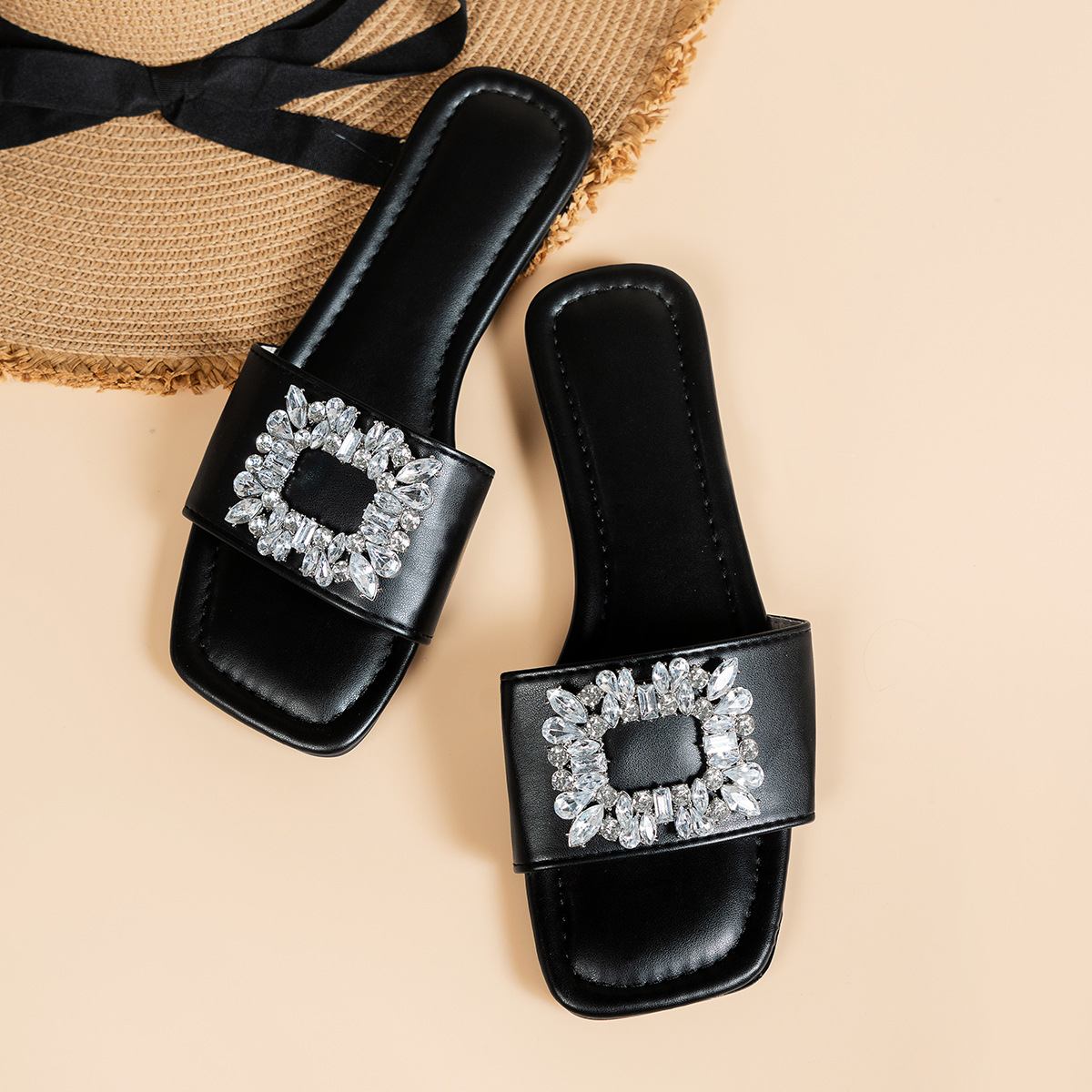 Korean version of solid color one-line flat slippers female slip-on metal square buckle rhinestone home slippers 898