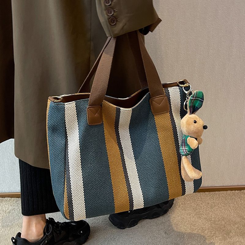 2556-8115 Women's New Fashion Striped Canvas Bag Large Capacity Zipper Handbag