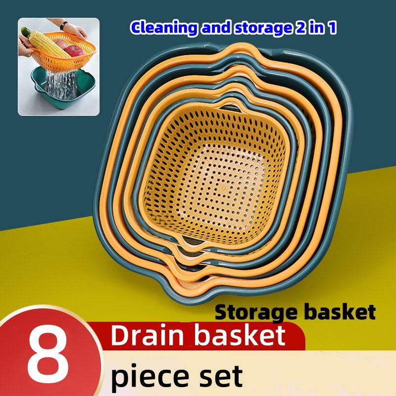 8 piece set Drain basket Kitchen color blocked double-layer 8-piece set household vegetable basket, fruit and vegetable basket basin CRRSHOP home daily supplies storage Baskets waterlogging 