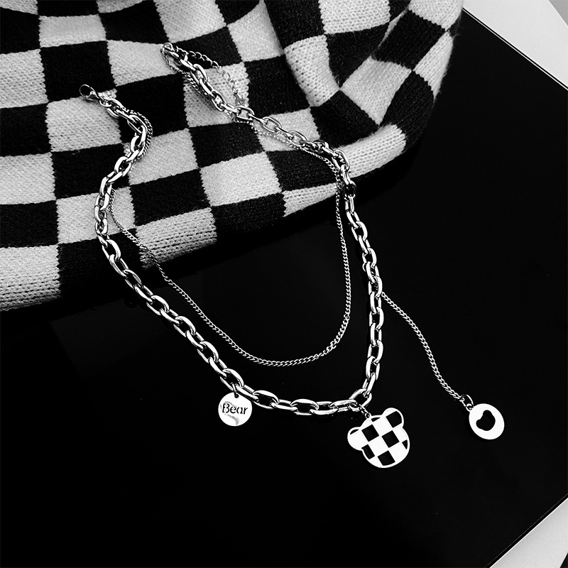 XL0100 Titanium Steel Silver Sweater Necklace Set Women Plaid Jewelry Double Layered Chain Necklaces