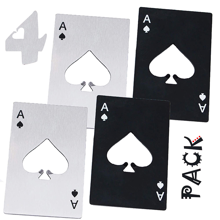 Poker Card Bottle Opener Wallet Size 4 Pack ( 2 Black and 2 Silvery ) - Stainless Steel - Ace Card Bottle Opener Playing Cards - Beer Bottle Opener - Good Gift For Him