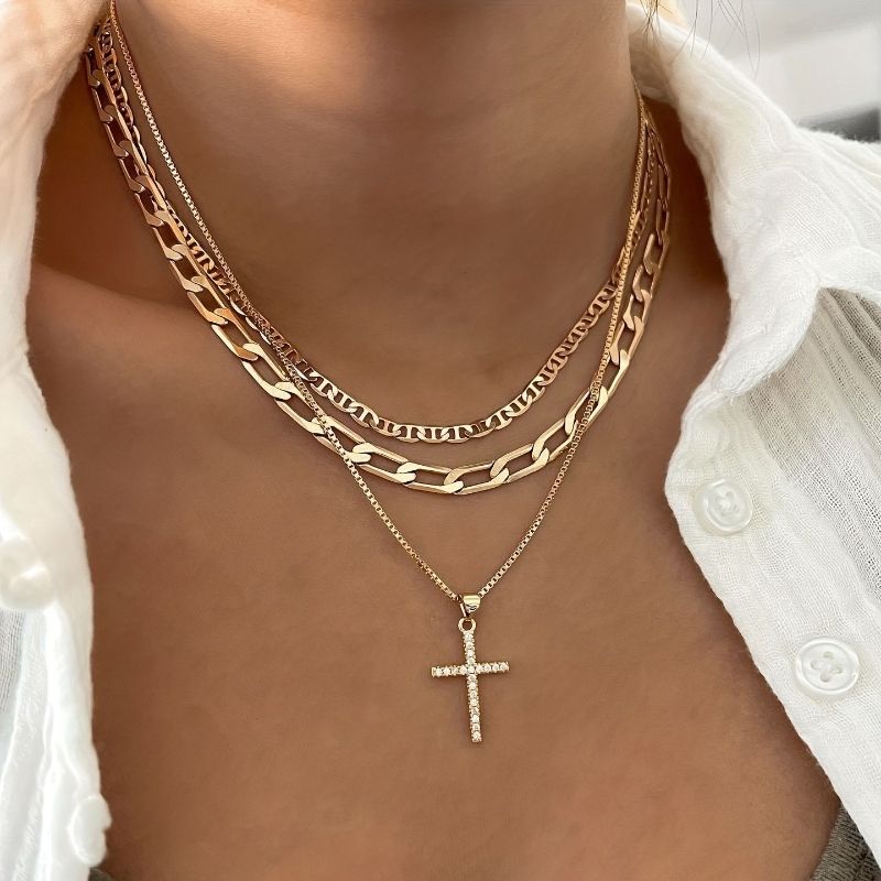 Golden three-layer cross necklace CRRSHOP free shipping Christmas Holiday gifts Easter Four layer golden necklace with thin chaincolor  # 01