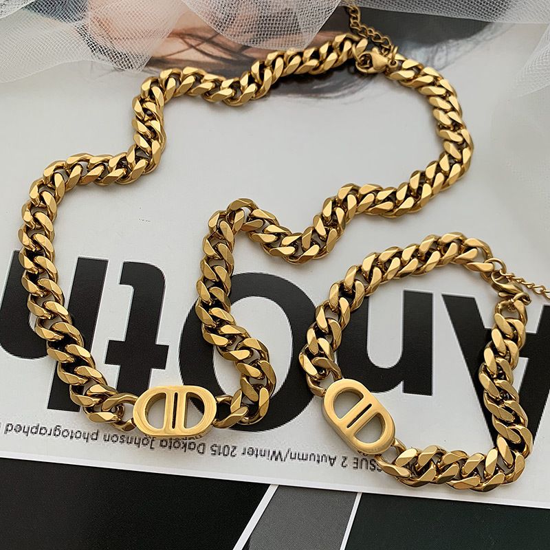 Necklace & Bracelet Gold thick chain letter double D titanium steel necklace CRRSHOP Hip Hop Pig Nose Collar Chain Versatile Neck Chain Unisex jewelry