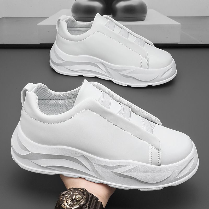 Men's White Slip-On Skate Shoes 2024 Autumn Bread Sole Sneakers Chunky Platform Height Increasing Youth Casual Shoes