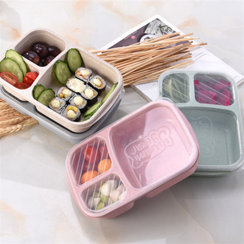 1011 900ml Wheat Straw 3-tiles Portable Tableware Food Lunch Box Food Storage Box Microwave Oven Travel School Picnic Lunch Box
