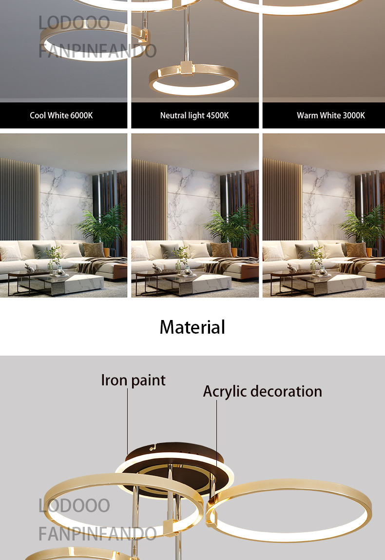 LPS Nordic creative round chandelier bedroom living room dining room lighting golden chrome halo ceiling lamp
