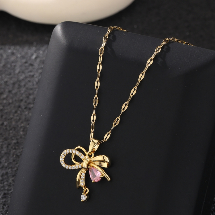 Necklace female jewelry Pink diamond knot Bow knot Pendant necklace No fading girl Titanium steel Clavicular chain Collar ornament CRRSHOP women Bow Necklace butterfly Birthday gift jewelry European and American fashion present