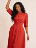 Summer Solid Color Dress, Ladies V-Neck Button Design Slim Fit Dress, Elegant Casual Daily Wear Dress