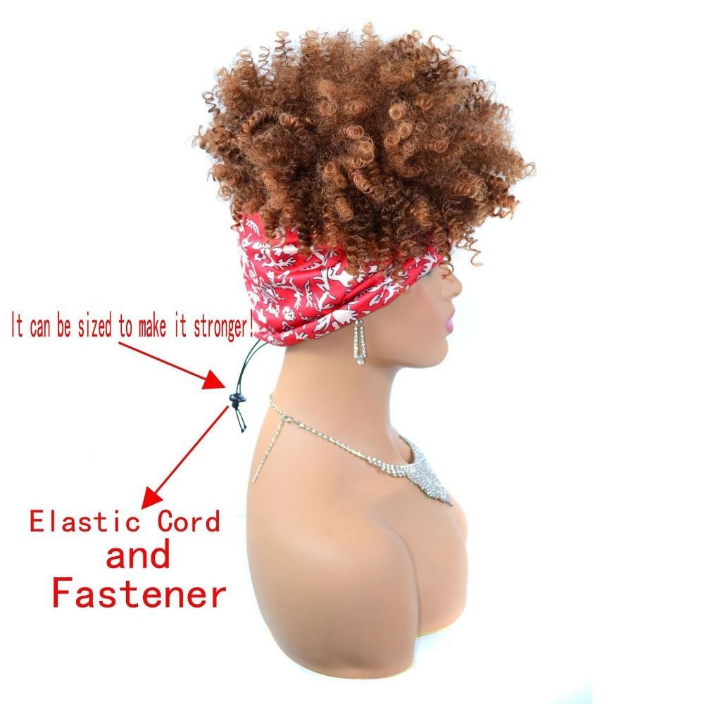 TopKiss Black Curly Wig with Headscarf, High Temperature Fiber Headband Hairnet Wig for Women Local