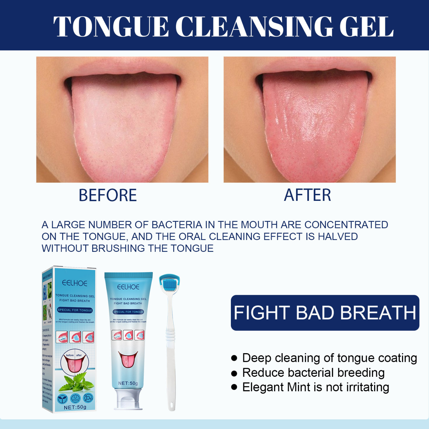 Tongue Scraper Precise Cleaning Brush Kit, Tongue Cleaning Gel Tongue Brush Easy To Use Tongue Scrubber for Men Women, 1 Pc Tongue Cleaning Gel and 1 Pc Tongue Brush