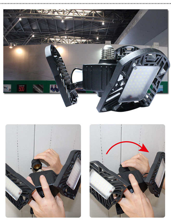 60W E27 6000LM Deformable LED Garage Ceiling Lights with 3 Adjustable Panels for Garage,Warehouse,Corridor (NO Motion Activated Sensor) White 6000-6500K

