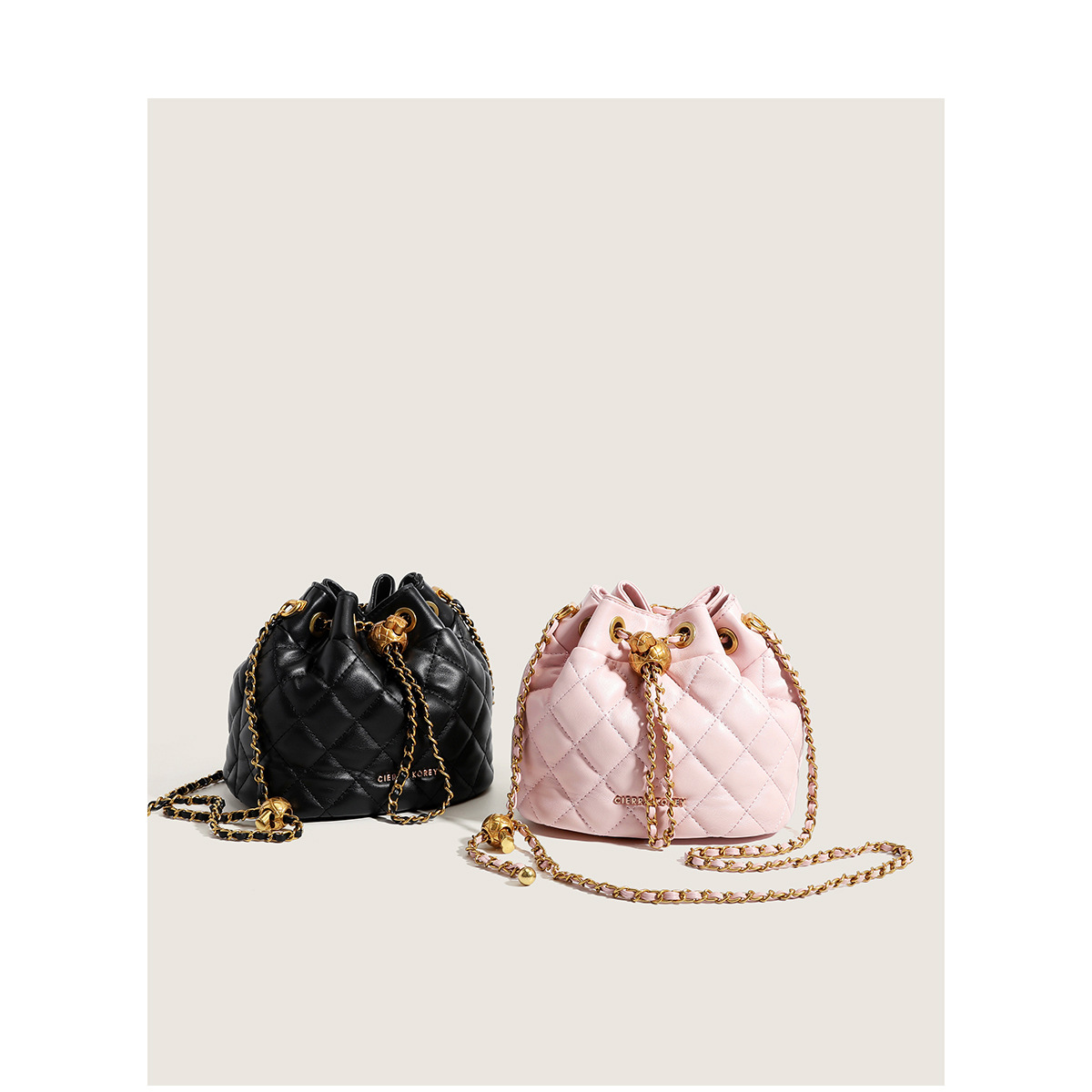 Pink diamond grid chain bag for women 2024 new trendy and versatile pleated bucket bag, high-end texture single shoulder crossbody bag