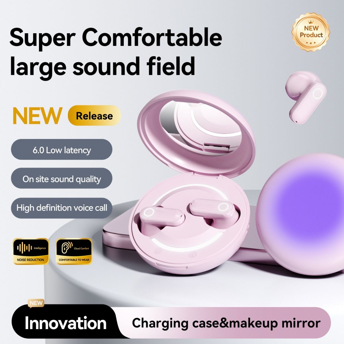The 2026 new model M16 wireless Bluetooth headphones come with a built-in makeup mirror in the charging case, making it convenient for touch-ups during gaming, listening to music, daily commutes and outings.
